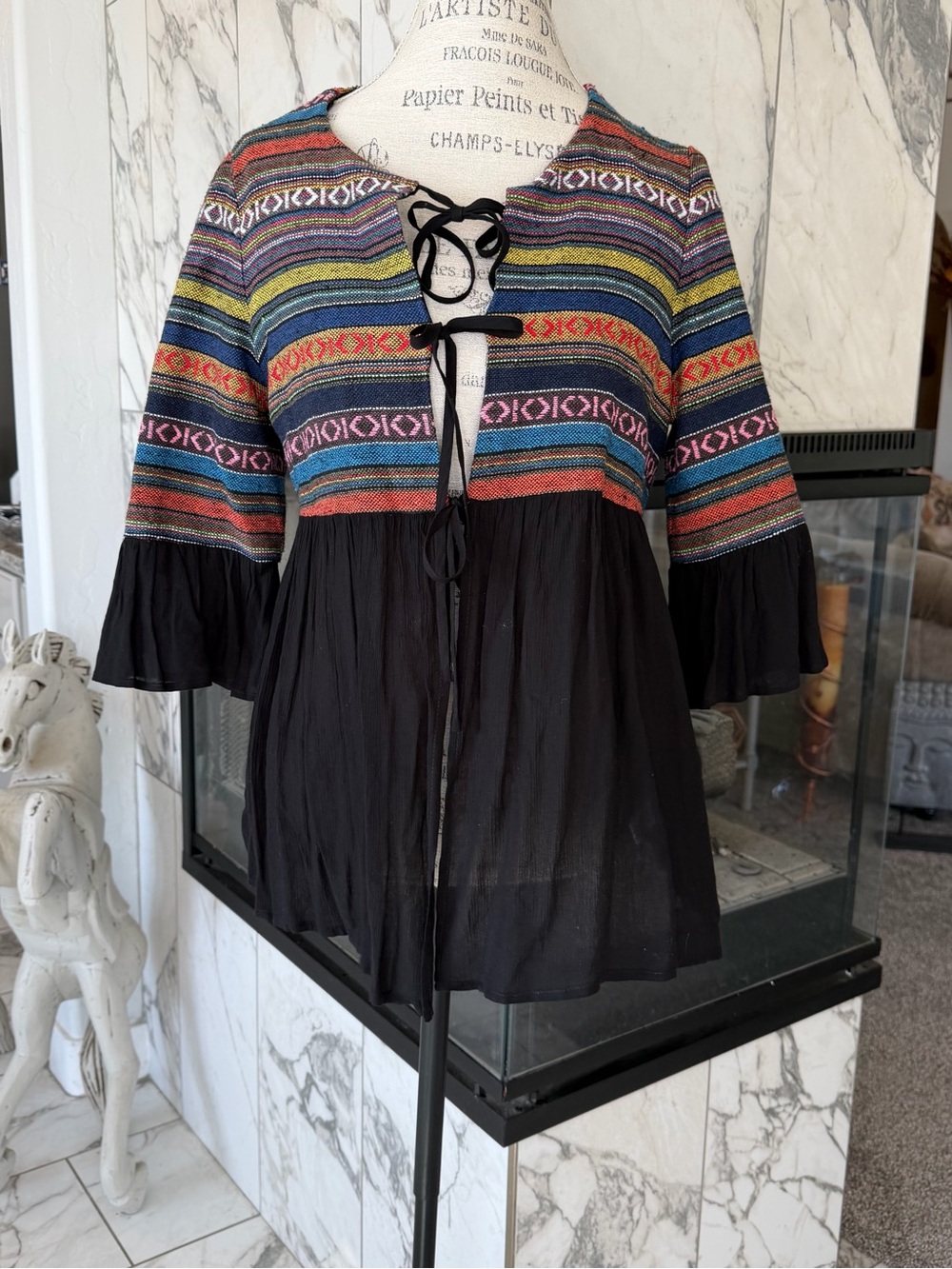 Pleione Anthropology Multicolor Striped Yoke Black Tie-Front Peasant Top M